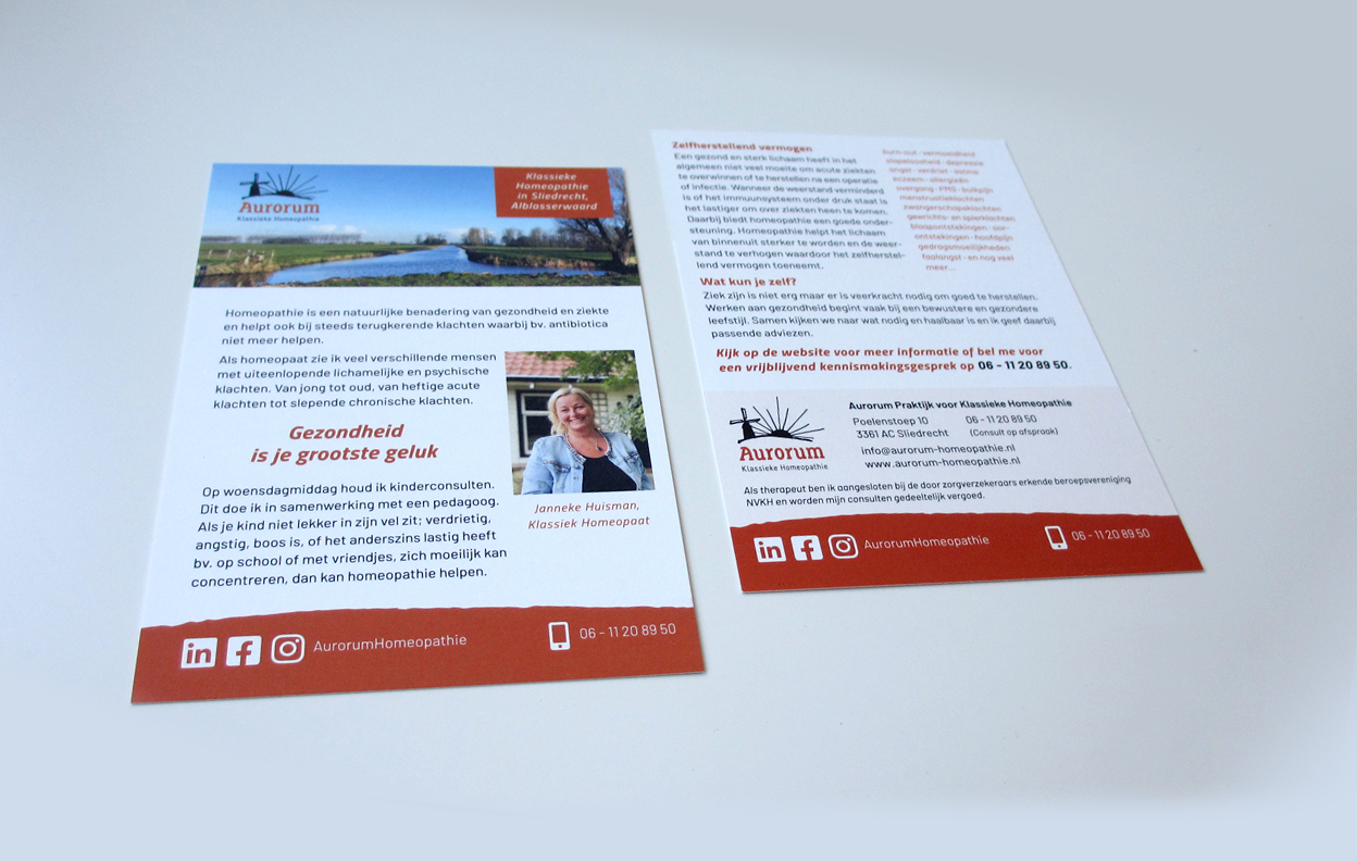 Promotional cards for Aurorum Classic Homeopathy