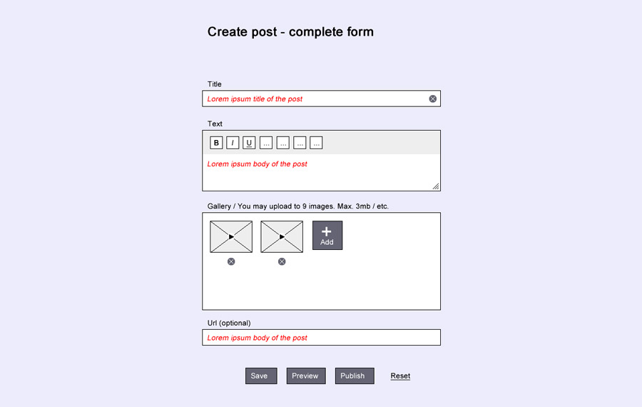Wireframe formulario ‘post nuevo’