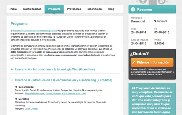 Detail programma website Master in Online Marketing (interface design: Felipe Becker)