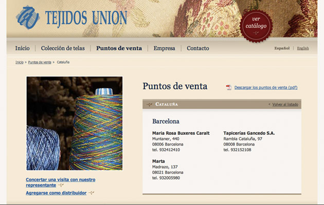 Página con puntos de venta en el sitio web de Tejidos Unión