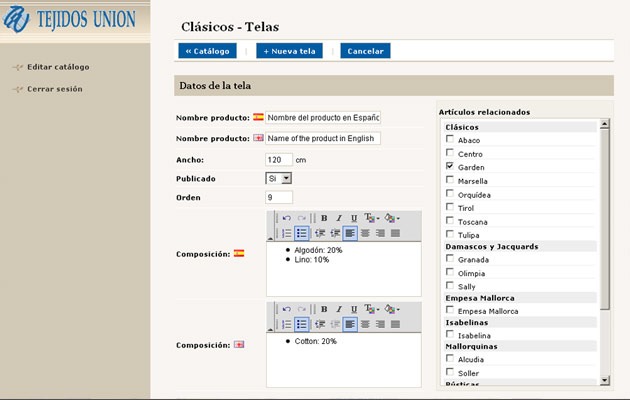 Tejidos Unión website’ backoffice